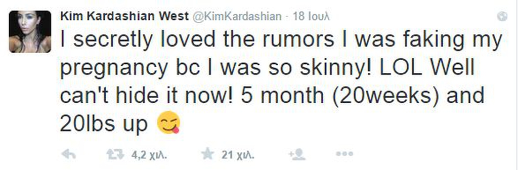 Δήλωση στο twitter της    "Είμαι πέντε μηνών έγκυος και έχω πάρει 9 κιλά"