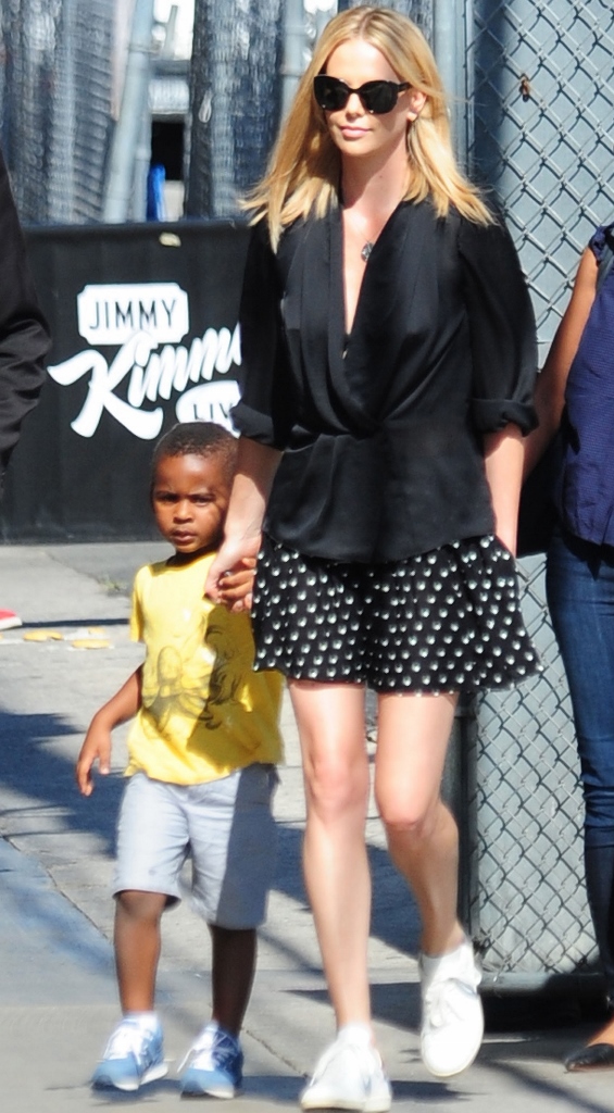 Charlize Theron takes her son Jackson Theron to Jimmy Kimmel Live! in Los Angeles***NO DAILY MAIL SALES***