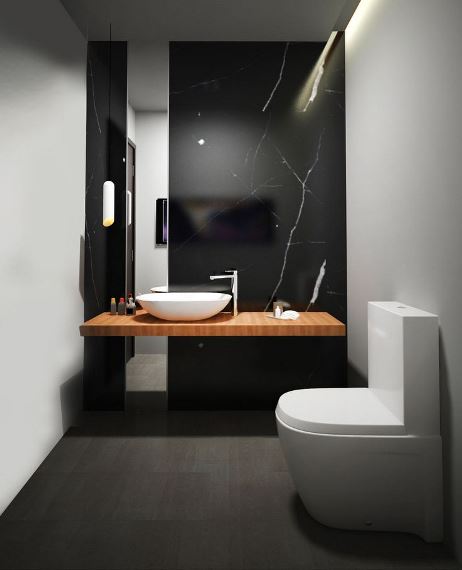 Minimal design σε γκρι αποχρώσεις με κρεμαστή λεκάνη και επικαθήμενο νιπτήρα σε ξύλινη επιφάνεια.