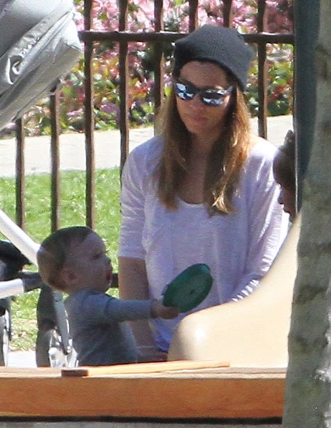 Exclusive... 52009505 Jessica Biel flashes smiles as she dotes on baby boy Silas Randall Timberlake at Coldwater Park in Beverly Hills. Justin Timberlake and his wife Jessica Biel shared a photo of their son on Instagram shortly after welcoming him into the world. Jessica paid her son who is turning 1 year old in the next couple of weeks, very special attention while her little one dig around the sandbox.  FameFlynet, Inc - Beverly Hills, CA, USA - +1 (310) 505-9876