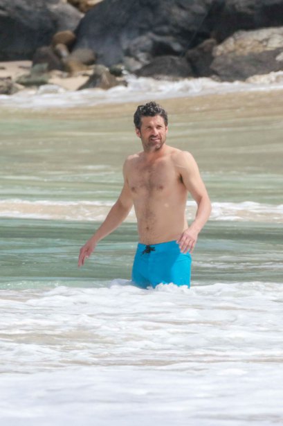 EXCLUSIVE: **PREMIUM EXCLUSIVE RATES APPLY* *STRICTLY NO WEB before 3 am EST FEB 19,2016* Patrick Dempsey  in blue boardshorts and his  wife Jillian  in a white bikini  have a  beach day in St Bart's Pictured: Patrick Dempsey Ref: SPL1230408  180216   EXCLUSIVE Picture by: Splash News Splash News and Pictures Los Angeles:310-821-2666 New York:212-619-2666 London:870-934-2666 photodesk@splashnews.com 
