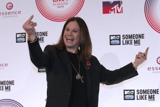 Ozzy Osbourne poses after performing during the 2014 MTV Europe Music Awards at the SSE Hydro Arena in Glasgow